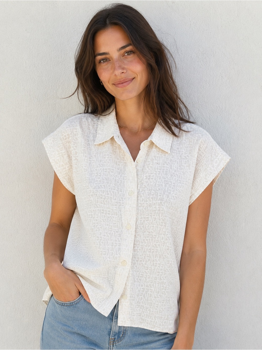 Fendissime linen Cream Short-Sleeve Button-Down Shirt